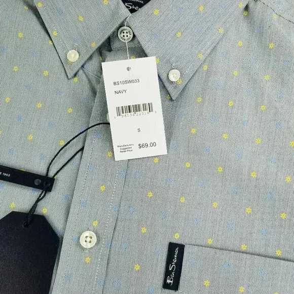 Ben Sherman Small Mod Classic Fit Pocket Logo Tag Blue Yellow Stripe Pattern - Picture 9 of 10